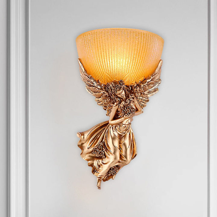 Single Bulb Angel Sconce Light Countryside Gold Resin Wall Mounted Lamp with Amber Fluted Glass Shade, Right | Kalsten