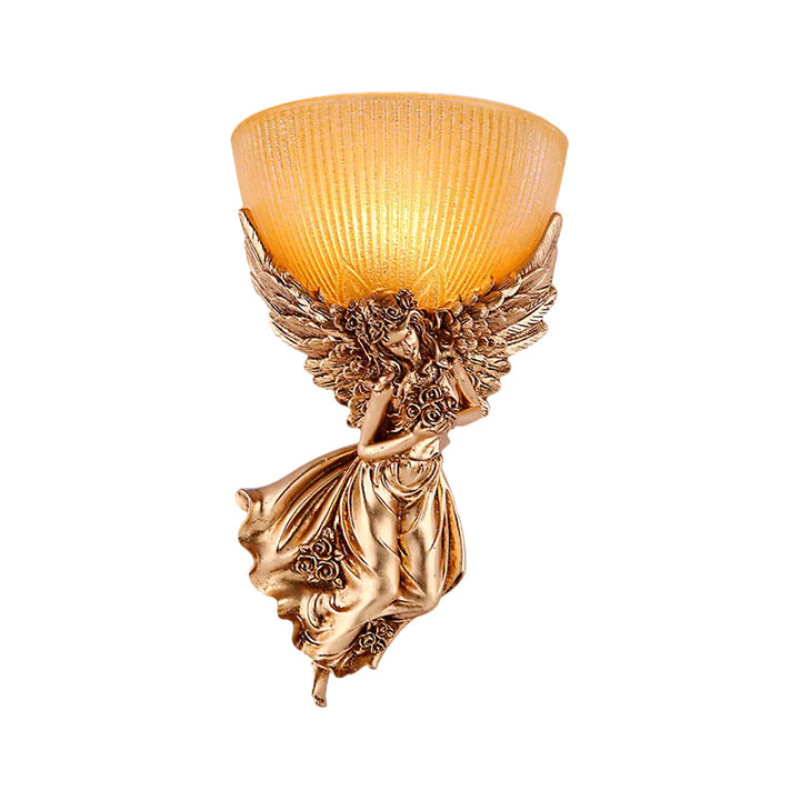 Single Bulb Angel Sconce Light Countryside Gold Resin Wall Mounted Lamp with Amber Fluted Glass Shade, Right | Kalsten