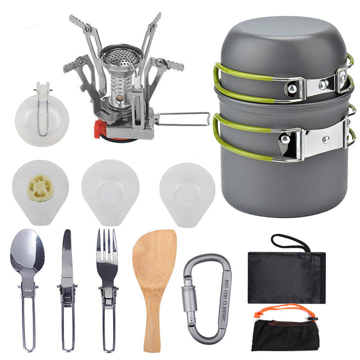 compact lightweight camping cookware and backpacking cook set with folding stove and nesting non-stick pots Kalsten