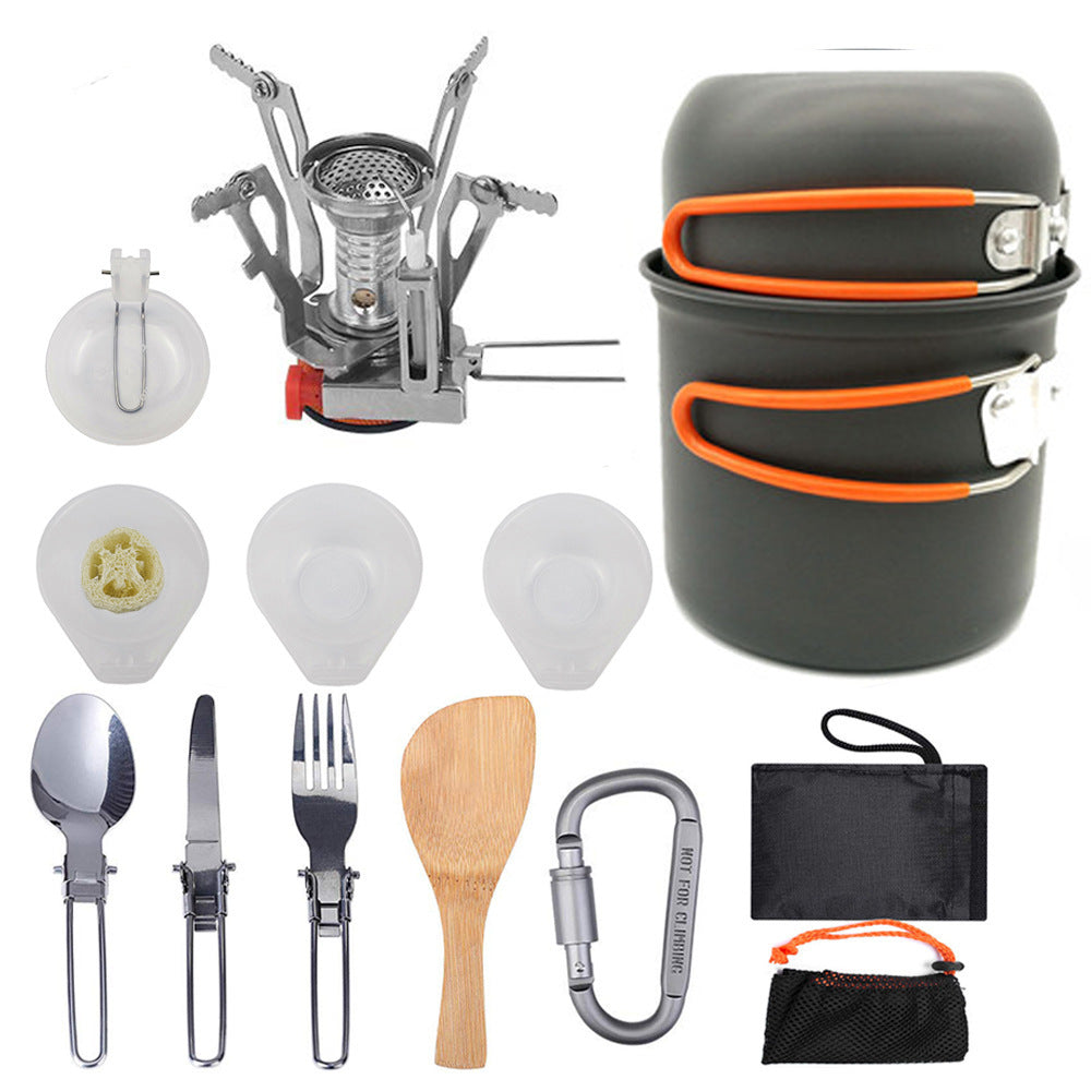compact lightweight camping cookware and backpacking cook set with folding stove and nesting non-stick pots Kalsten