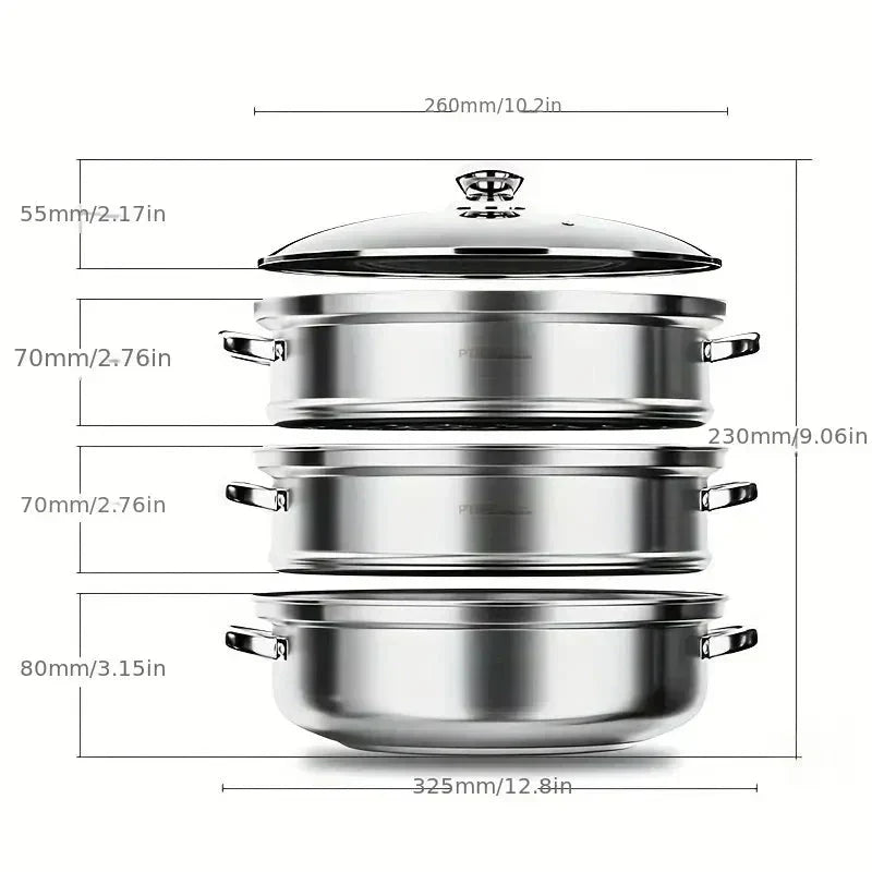 Skanto | Stainless Steel 3-Tier Steamer with Handles and Glass Lid – Healthy, Efficient Cooking