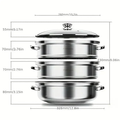 Skanto | Stainless Steel 3-Tier Steamer with Handles and Glass Lid – Healthy, Efficient Cooking