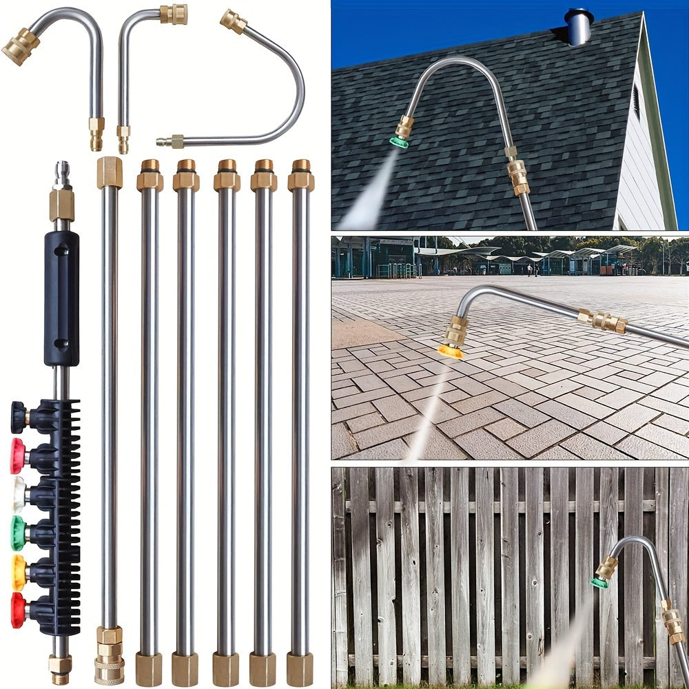 Skanto | 10 Pcs Pressure Washer Extension Wand Kit – 4000 PSI, 1/4 Quick Connect, 6 Nozzle Attachments, Gutter Cleaning Curved Wand 30°, 90°, 120° – Ideal for Roof Drainage, Exterior Walls, and Heavy-Duty Cleaning Tasks