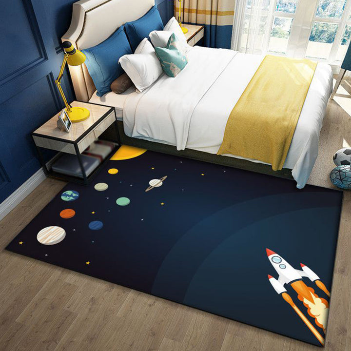 Kalsten | Stylish Outer Space Pattern Rug Blue and Black Children's Rug Polyester Washable Pet-Friendly Non-Slip Rug for the Children's Room