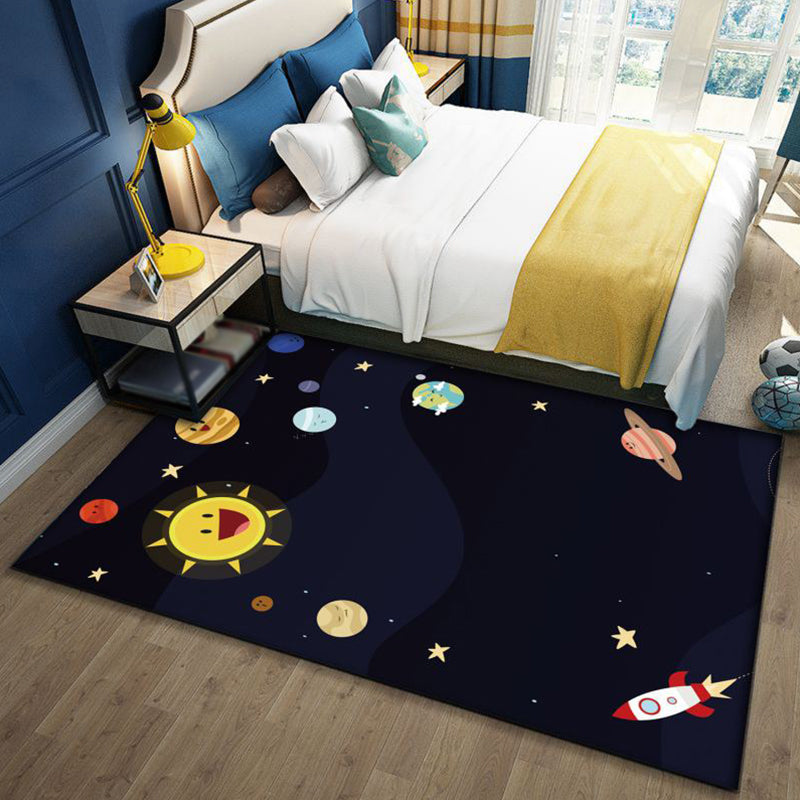 Kalsten | Stylish Outer Space Pattern Rug Blue and Black Children's Rug Polyester Washable Pet-Friendly Non-Slip Rug for the Children's Room