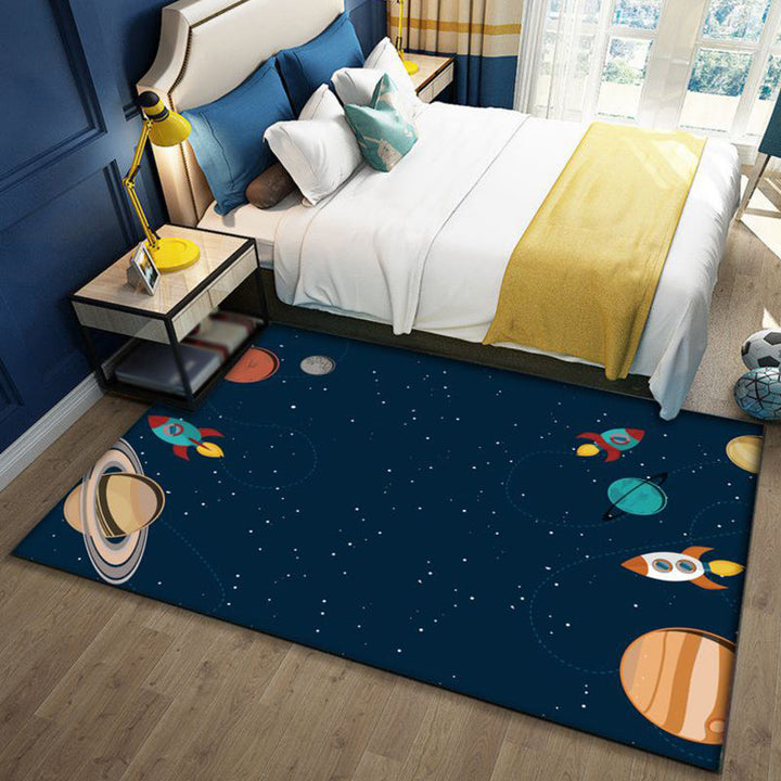 Kalsten | Stylish Outer Space Pattern Rug Blue and Black Children's Rug Polyester Washable Pet-Friendly Non-Slip Rug for the Children's Room