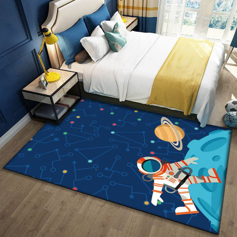 Kalsten | Stylish Outer Space Pattern Rug Blue and Black Children's Rug Polyester Washable Pet-Friendly Non-Slip Rug for the Children's Room