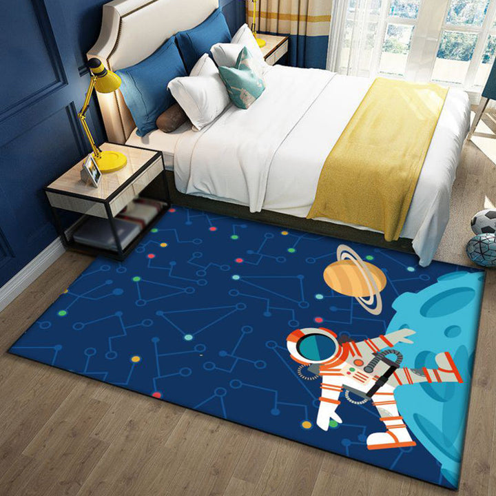 Kalsten | Stylish Outer Space Pattern Rug Blue and Black Children's Rug Polyester Washable Pet-Friendly Non-Slip Rug for the Children's Room