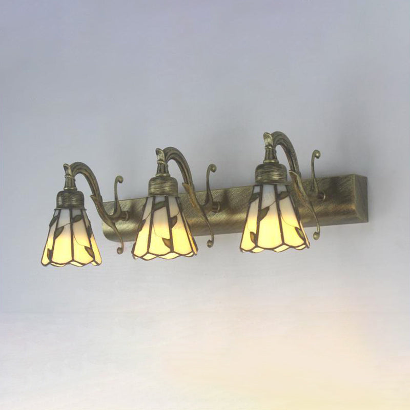 3 Heads Leaf Vanity Light Rustic Loft Stained Glass Makeup Mirror Light with Linear Backplate in Copper/Antique Brass/Gold | Kalsten