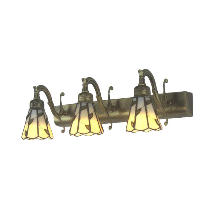 3 Heads Leaf Vanity Light Rustic Loft Stained Glass Makeup Mirror Light with Linear Backplate in Copper/Antique Brass/Gold | Kalsten