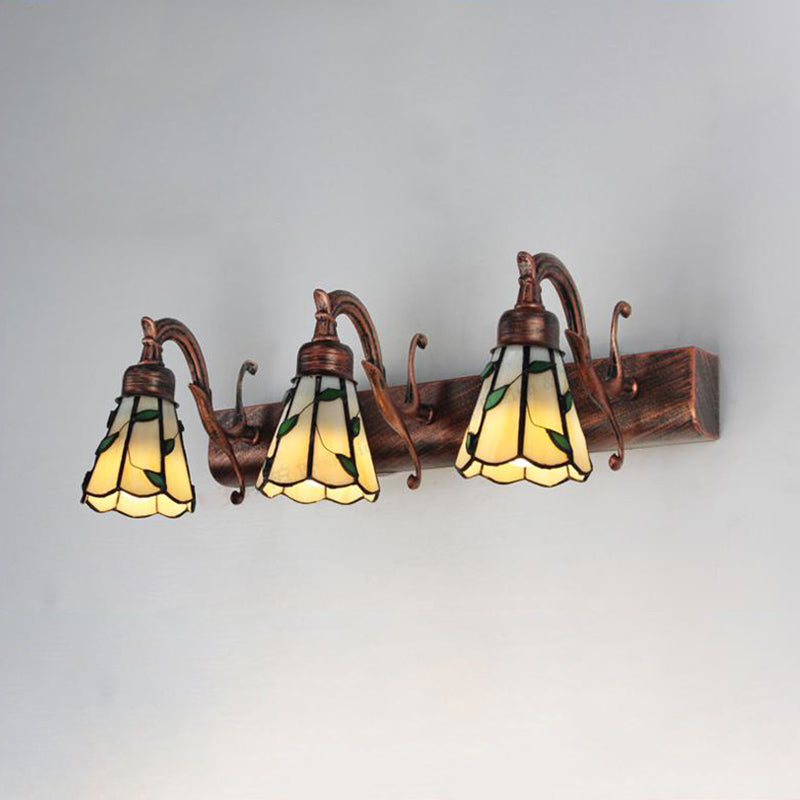 3 Heads Leaf Vanity Light Rustic Loft Stained Glass Makeup Mirror Light with Linear Backplate in Copper/Antique Brass/Gold | Kalsten