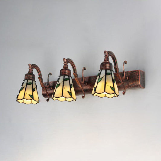 3 Heads Leaf Vanity Light Rustic Loft Stained Glass Makeup Mirror Light with Linear Backplate in Copper/Antique Brass/Gold | Kalsten