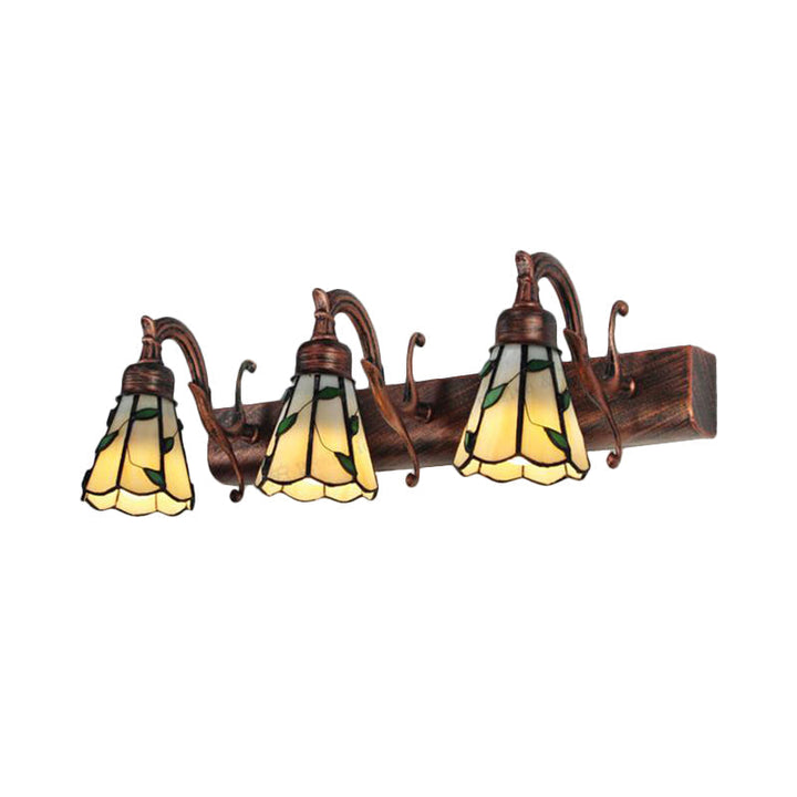 3 Heads Leaf Vanity Light Rustic Loft Stained Glass Makeup Mirror Light with Linear Backplate in Copper/Antique Brass/Gold | Kalsten