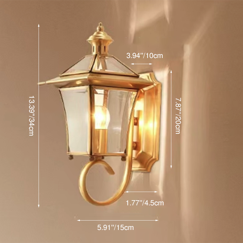 Traditional European Quadrangle Candle Holder Copper Frame Glass Shade 1-Light Wall Sconce Lamp For Garden | Kalsten