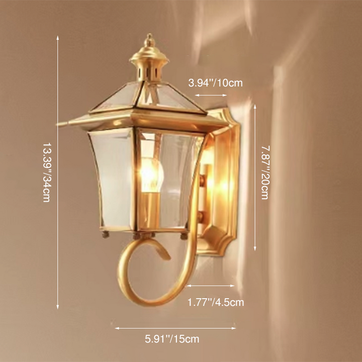 Traditional European Quadrangle Candle Holder Copper Frame Glass Shade 1-Light Wall Sconce Lamp For Garden | Kalsten