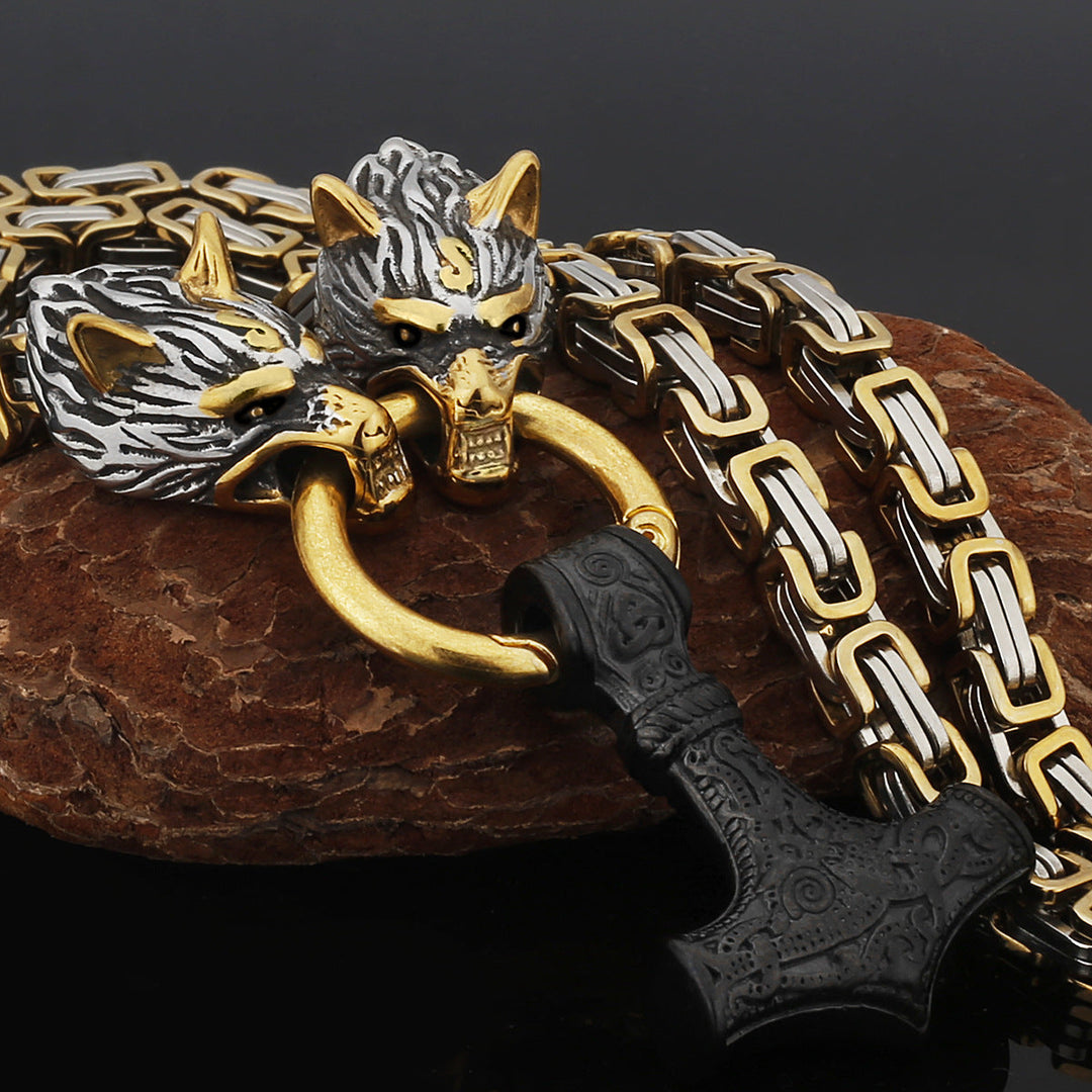 Stainless Steel Nordic Viking Wolf Thor's Hammer Men's Necklace