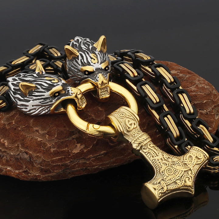 Stainless Steel Nordic Viking Wolf Thor's Hammer Men's Necklace