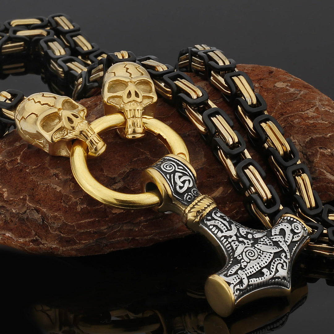 Stainless Steel Nordic Viking Wolf Thor's Hammer Men's Necklace