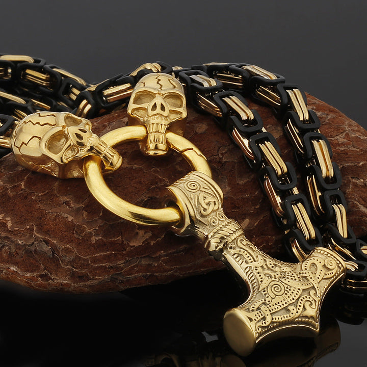 Stainless Steel Nordic Viking Wolf Thor's Hammer Men's Necklace