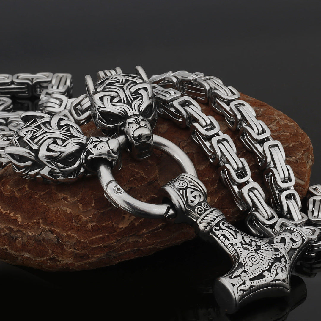 Stainless Steel Nordic Viking Wolf Thor's Hammer Men's Necklace