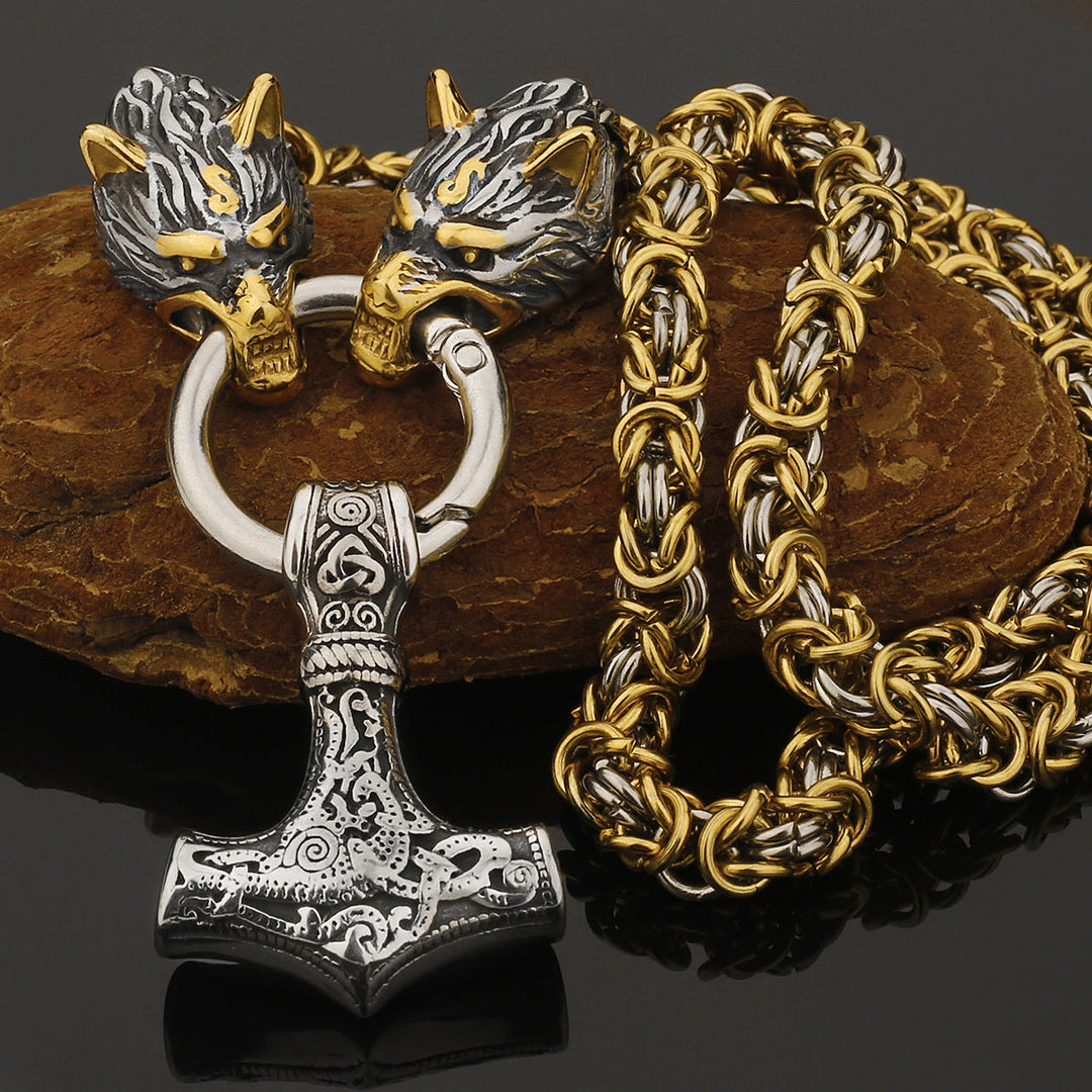 Stainless Steel Nordic Viking Wolf Thor's Hammer Men's Necklace