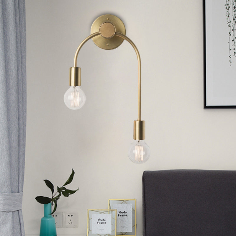 Swoop Arm Iron Wall Mounted Lamp Minimalist 2-Light Black/Gold Sconce Lighting with Bare Bulb Design | Kalsten