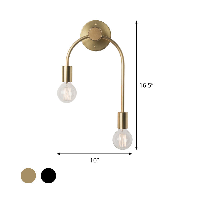 Swoop Arm Iron Wall Mounted Lamp Minimalist 2-Light Black/Gold Sconce Lighting with Bare Bulb Design | Kalsten