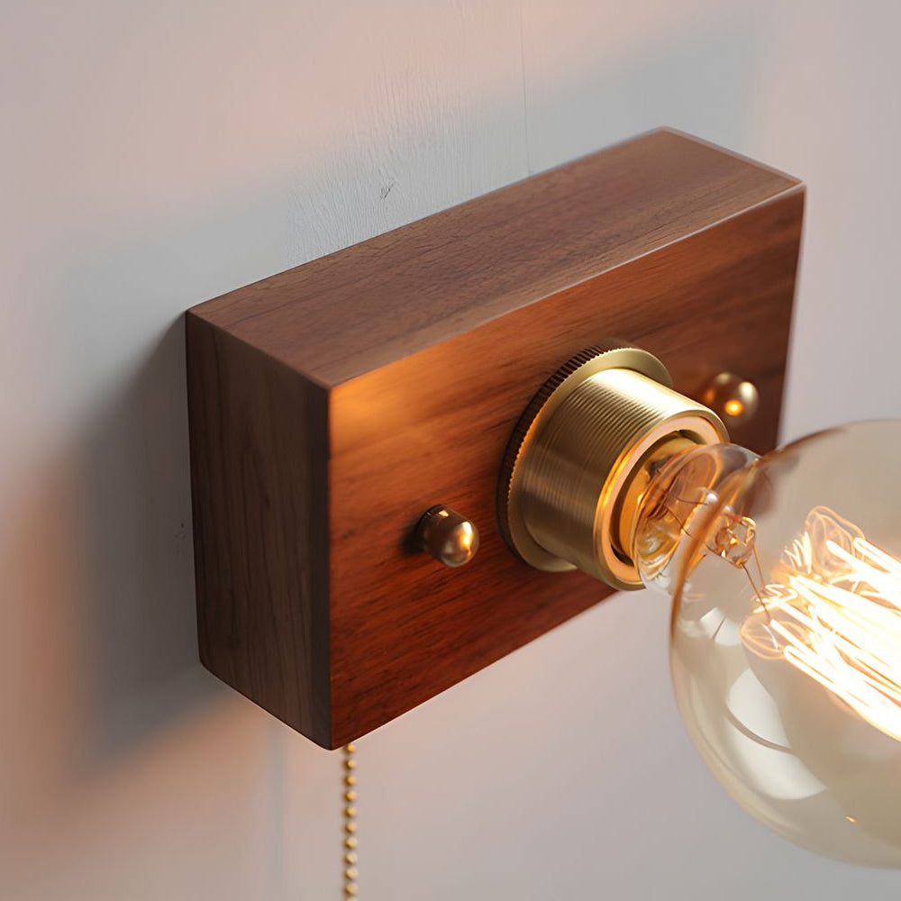 Round/Square Vintage Walnut Wood Wall Lamp 1-light with Pull Chain Switch | Kalsten