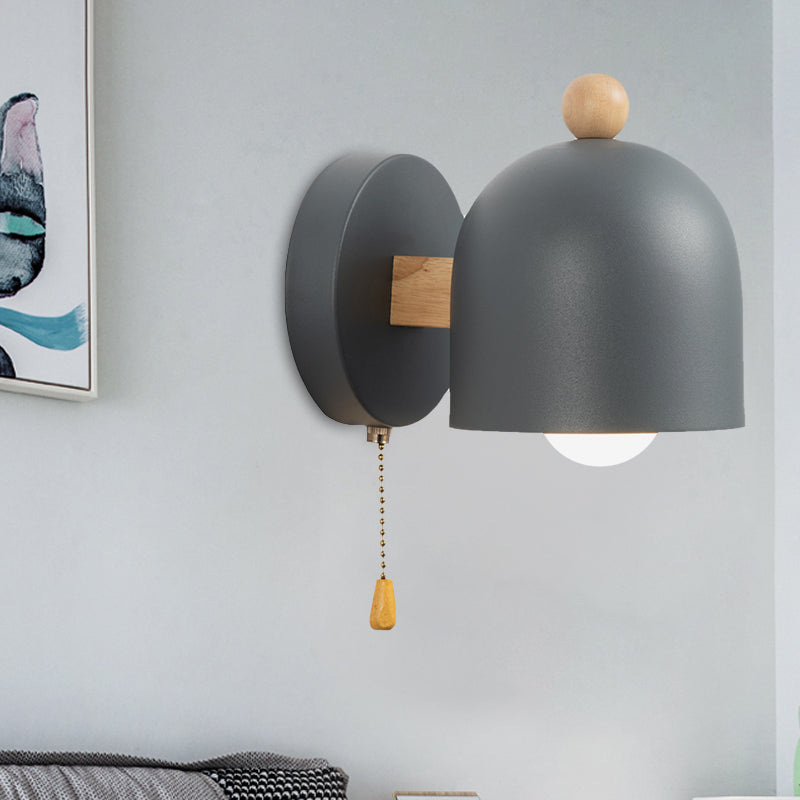 Nordic Small Dome Pull-Chain Wall Lamp Iron 1 Bulb Bedroom Wall Mount Lighting in Grey with Wood Detail | Kalsten