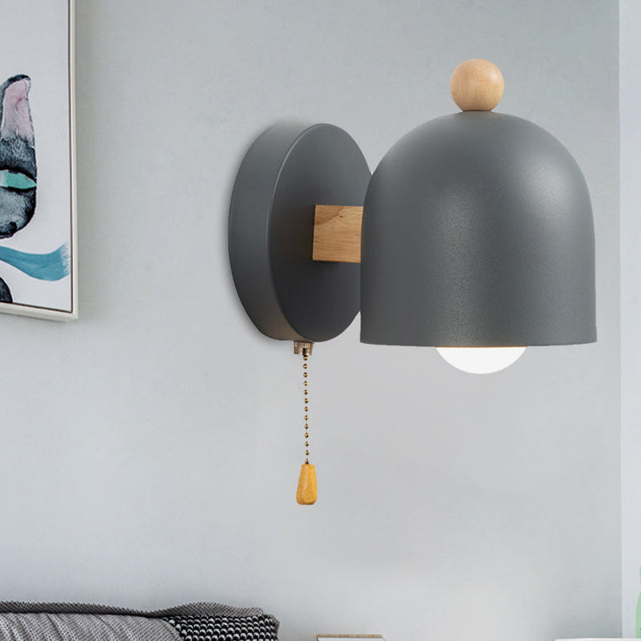 Nordic Small Dome Pull-Chain Wall Lamp Iron 1 Bulb Bedroom Wall Mount Lighting in Grey with Wood Detail | Kalsten