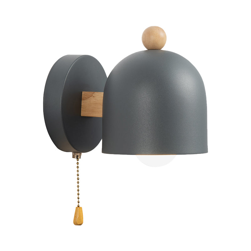Nordic Small Dome Pull-Chain Wall Lamp Iron 1 Bulb Bedroom Wall Mount Lighting in Grey with Wood Detail | Kalsten