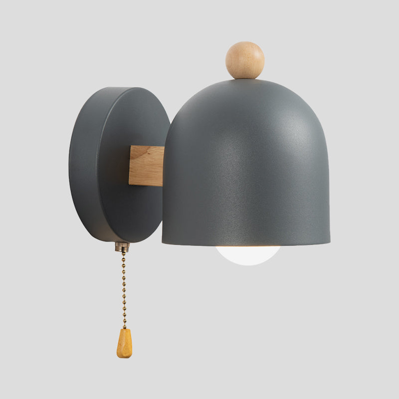 Nordic Small Dome Pull-Chain Wall Lamp Iron 1 Bulb Bedroom Wall Mount Lighting in Grey with Wood Detail | Kalsten