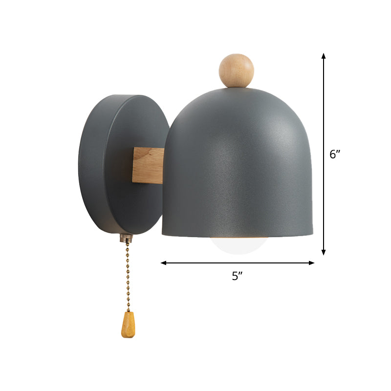 Nordic Small Dome Pull-Chain Wall Lamp Iron 1 Bulb Bedroom Wall Mount Lighting in Grey with Wood Detail | Kalsten