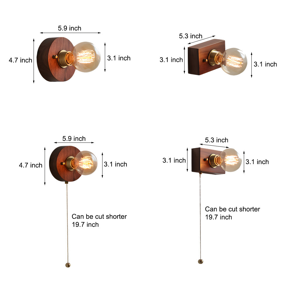 Round/Square Vintage Walnut Wood Wall Lamp 1-light with Pull Chain Switch | Kalsten