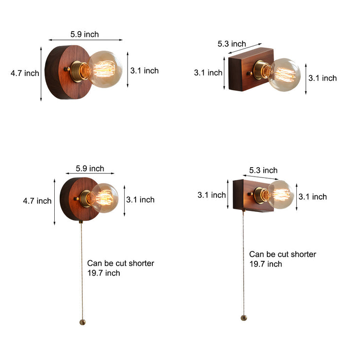 Round/Square Vintage Walnut Wood Wall Lamp 1-light with Pull Chain Switch | Kalsten