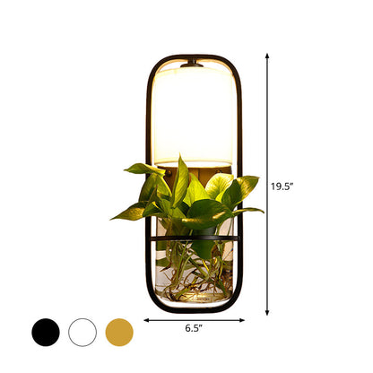 BowLift | 1 Bulb Cylindrical Wall Lamp Lodge Black/White/Gold Fabric Wall Light with Warm/White Light and Plant Pot