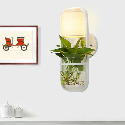 BowLift | 1 Bulb Cylindrical Wall Lamp Lodge Black/White/Gold Fabric Wall Light with Warm/White Light and Plant Pot