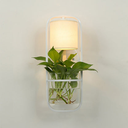BowLift | 1 Bulb Cylindrical Wall Lamp Lodge Black/White/Gold Fabric Wall Light with Warm/White Light and Plant Pot