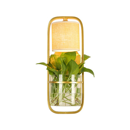 BowLift | 1 Bulb Cylindrical Wall Lamp Lodge Black/White/Gold Fabric Wall Light with Warm/White Light and Plant Pot