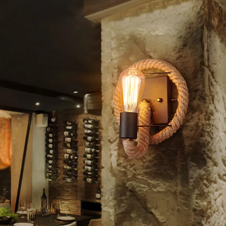 Kalsten | Single rope wrapped wall light farmhouse brown oval/round dining room wall mounted light with open lamp design