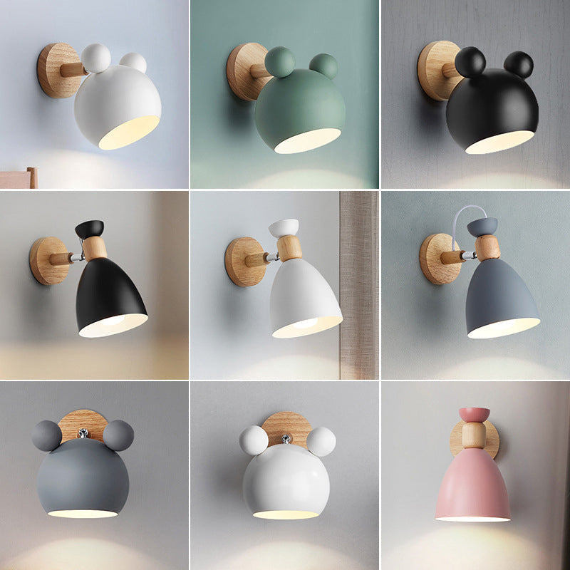 Bear/Bell Rotating Wall-Mounted Lamp Macaron Iron 1-Head Bedside Reading Wall Light in White/Pink/Green and Wood | Brehn