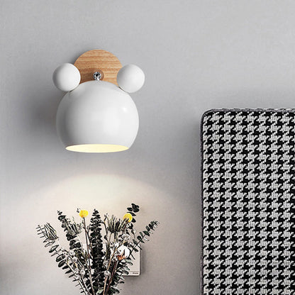 Bear/Bell Rotating Wall-Mounted Lamp Macaron Iron 1-Head Bedside Reading Wall Light in White/Pink/Green and Wood | Brehn