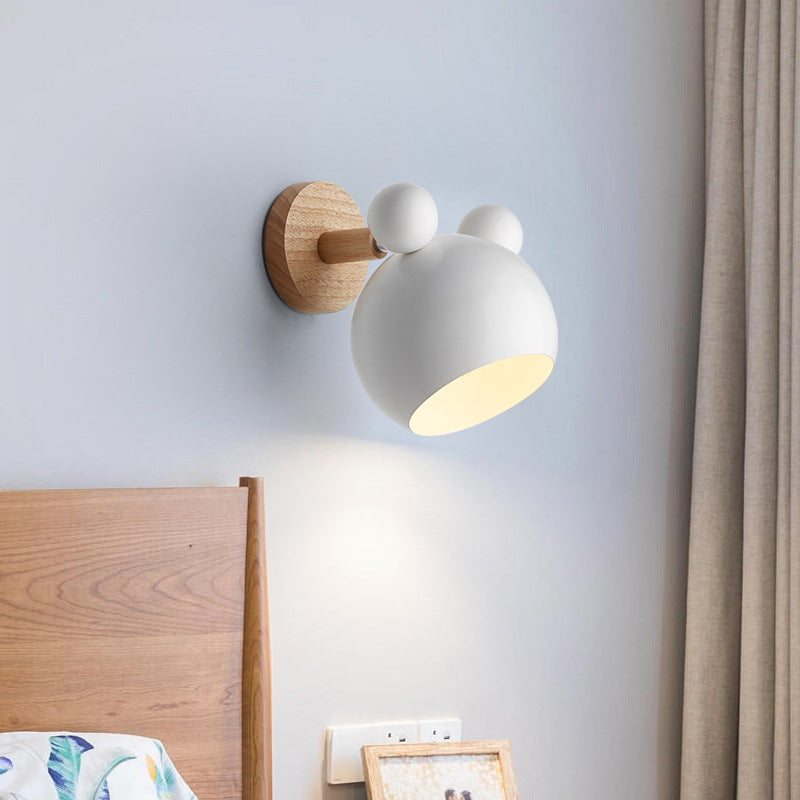 Bear/Bell Rotating Wall-Mounted Lamp Macaron Iron 1-Head Bedside Reading Wall Light in White/Pink/Green and Wood | Brehn