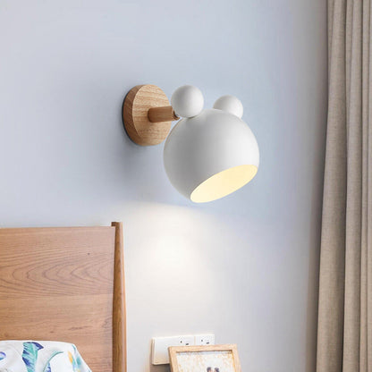 Bear/Bell Rotating Wall-Mounted Lamp Macaron Iron 1-Head Bedside Reading Wall Light in White/Pink/Green and Wood | Brehn