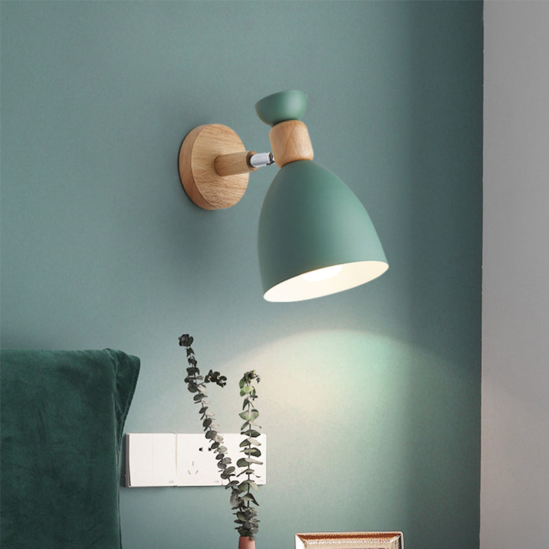 Bear/Bell Rotating Wall-Mounted Lamp Macaron Iron 1-Head Bedside Reading Wall Light in White/Pink/Green and Wood | Brehn