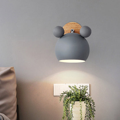 Bear/Bell Rotating Wall-Mounted Lamp Macaron Iron 1-Head Bedside Reading Wall Light in White/Pink/Green and Wood | Brehn