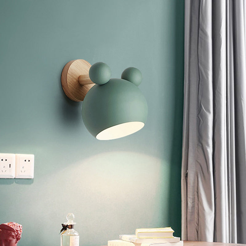 Bear/Bell Rotating Wall-Mounted Lamp, Macaron-Style Iron, Single-Head Bedside Reading Wall Light in White/Pink/Green and Wood | Karnz