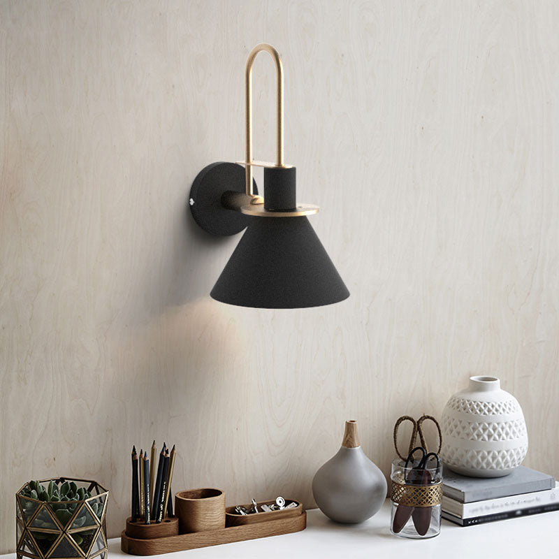 Black/White/Green Cone Wall Lamp Macaron 1-Light Metal Wall Mounted Light with Arched Arm for Bedroom, Warm/White Light | Kalsten