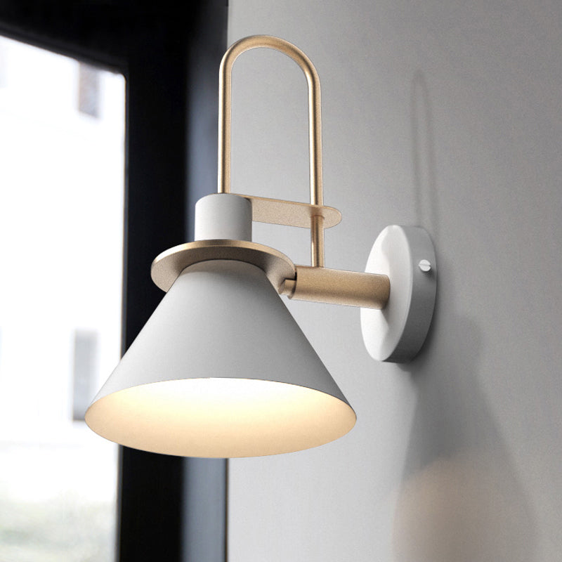 Black/White/Green Cone Wall Lamp Macaron 1-Light Metal Wall Mounted Light with Arched Arm for Bedroom, Warm/White Light | Kalsten