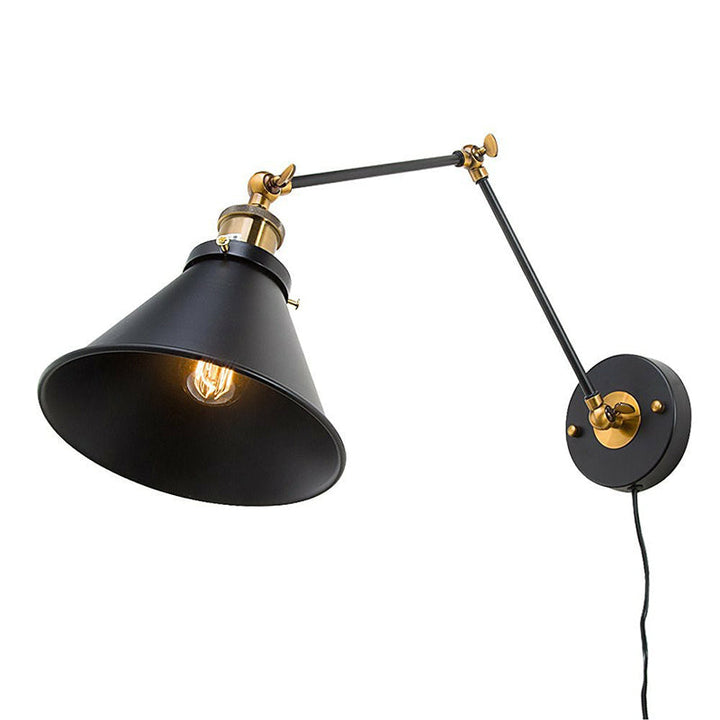 Kalsten | Iron Black Finish Reading Wall Lamp Roll-Edge Conical Single Industrial Plug/Plug-less Wall Lighting with Swingarm